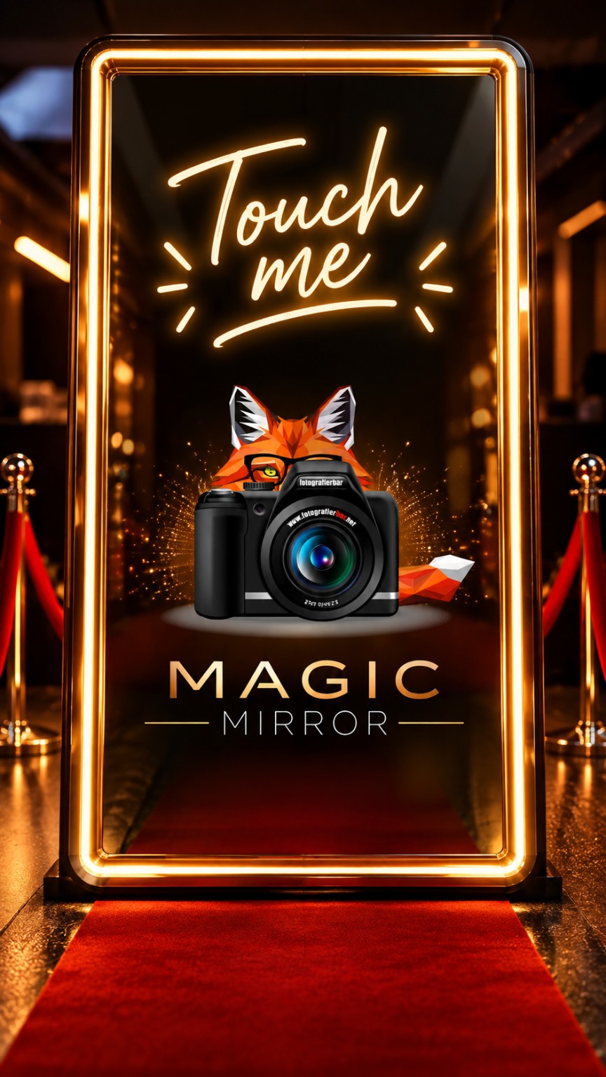 Magic Mirror Motiv mit Touch me Schriftzug und fotografierbar Logo